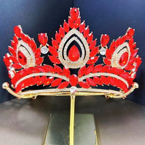 Quinceanera Crown, Red Rhinestone Crown, Large Size Crown, Gold Crystal Crown